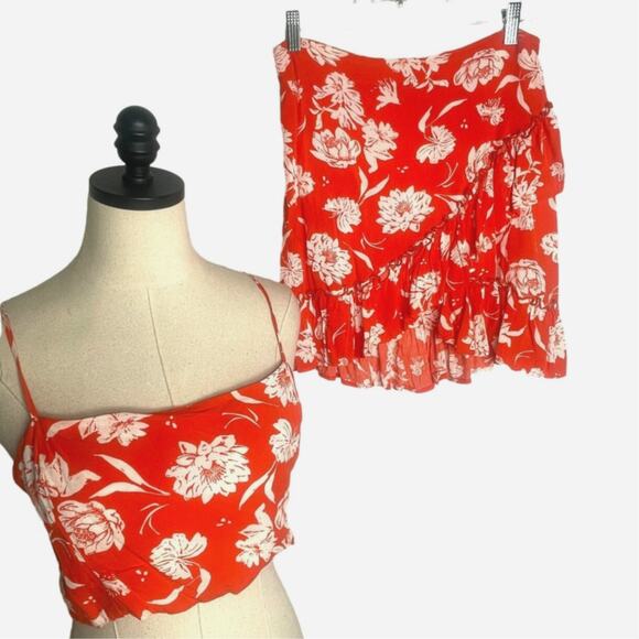 Free People M 2 Piece Set I've Got A Feeling Mini Skirt Crop Top Hawaiian Orange - Picture 2 of 11